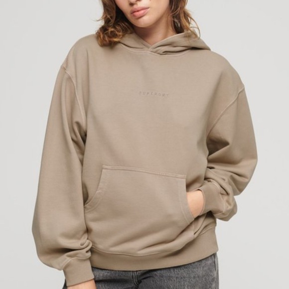 Superdry Micro Logo Embroidered Boxy Hoodie Women’s size 10 Taupe Sweatshirt NEW - Picture 10 of 10